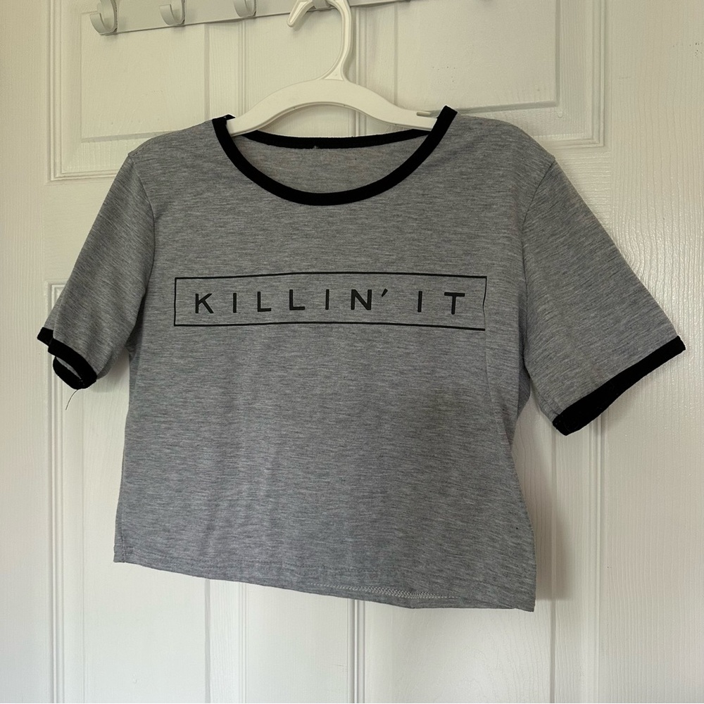 Gray Graphic crop Tee with Black Trim